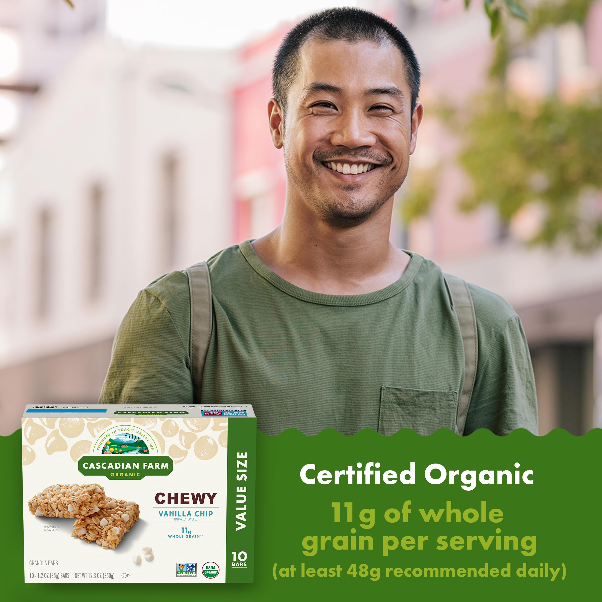 Cascadian Farm organic snack bar with wholesome ingredients displayed