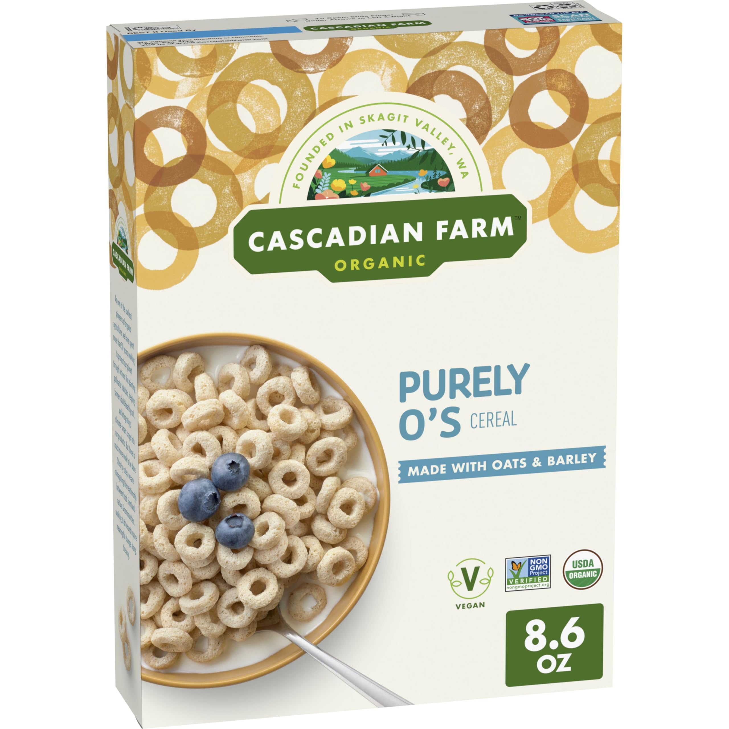 Cascadian Farm Purely O's cereal bowl showing wholesome grains and inviting crunch.