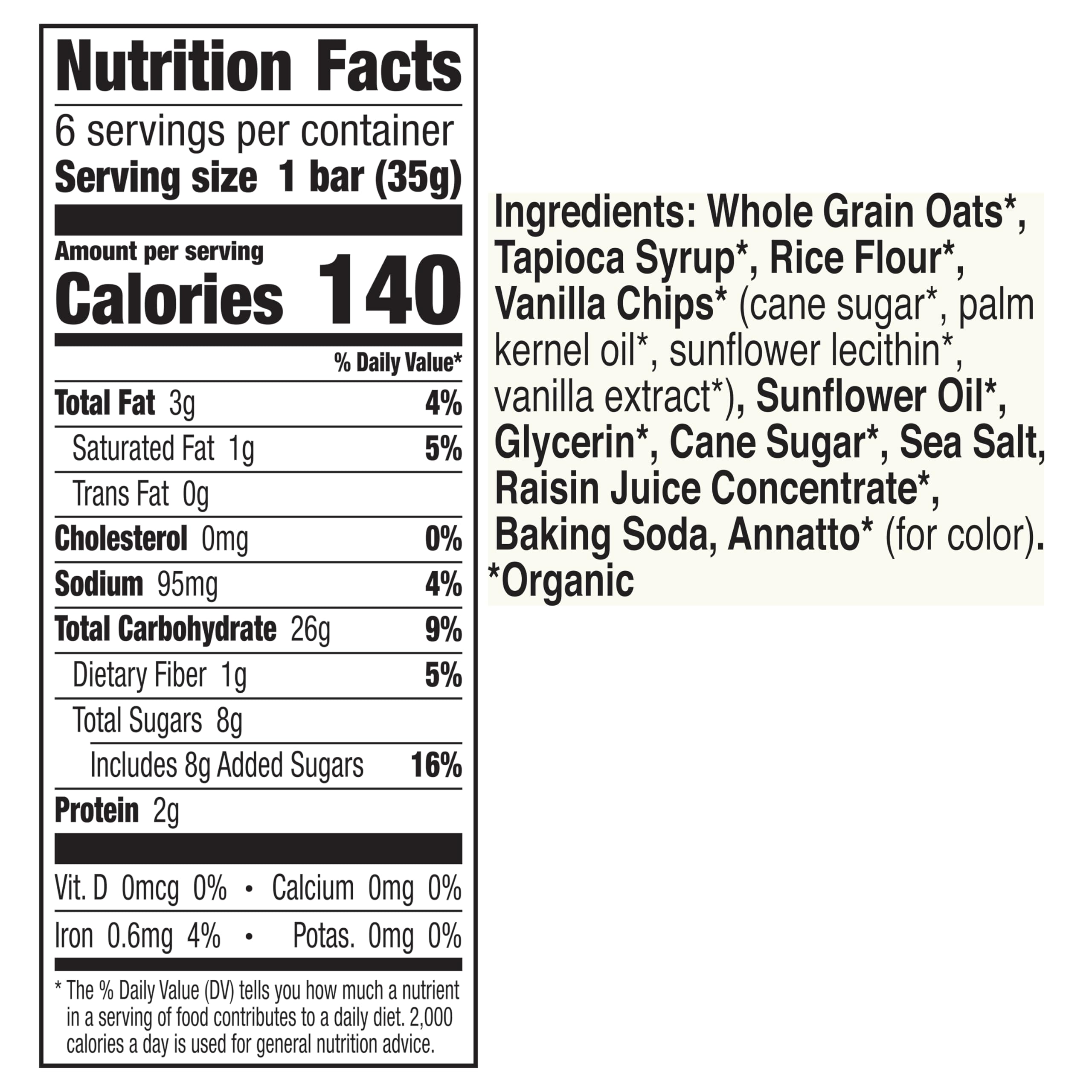 Cascadian Farm vanilla chip granola bar close-up showing oats and vanilla pieces