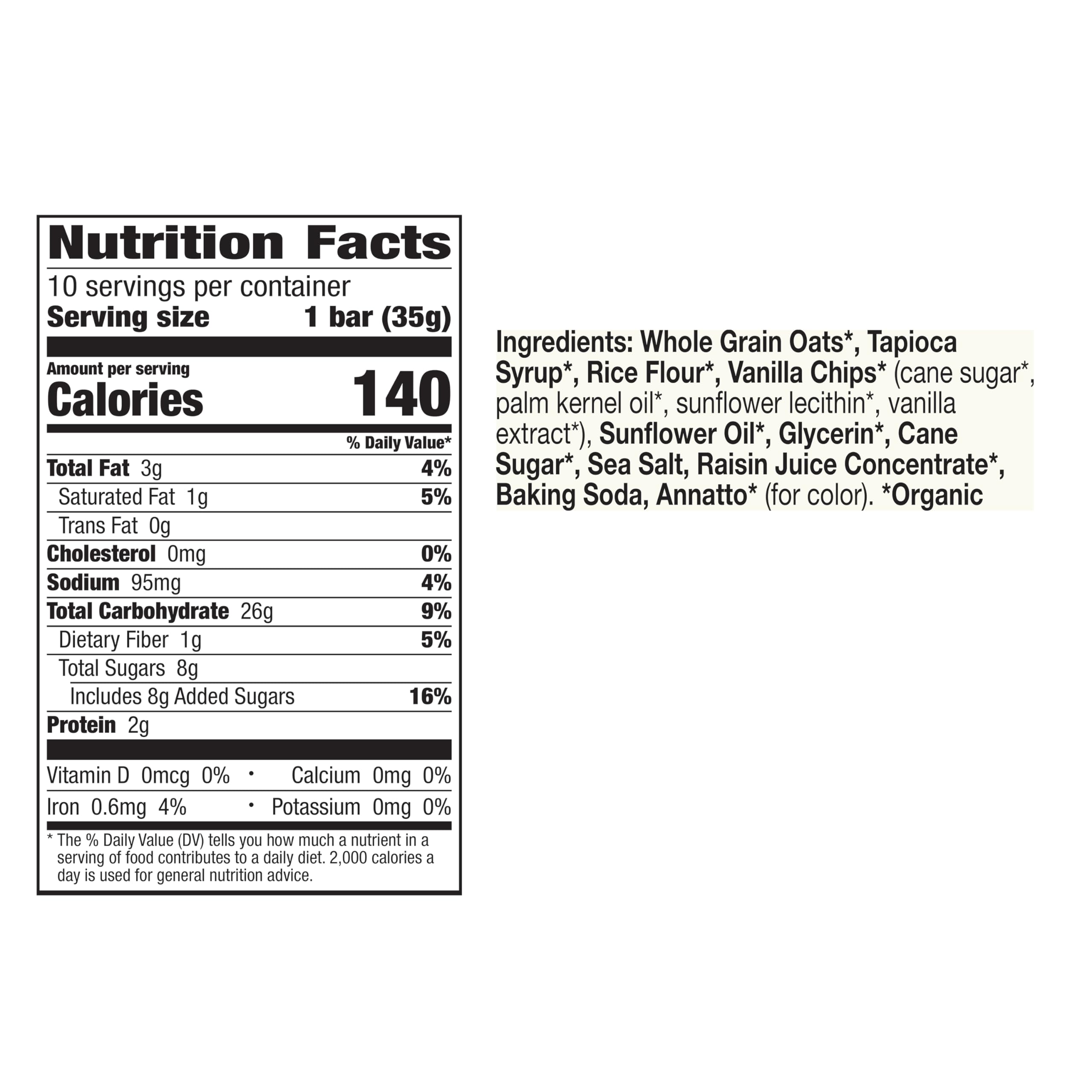 Cascadian Farm vanilla chip granola bar close-up shows oats and chips