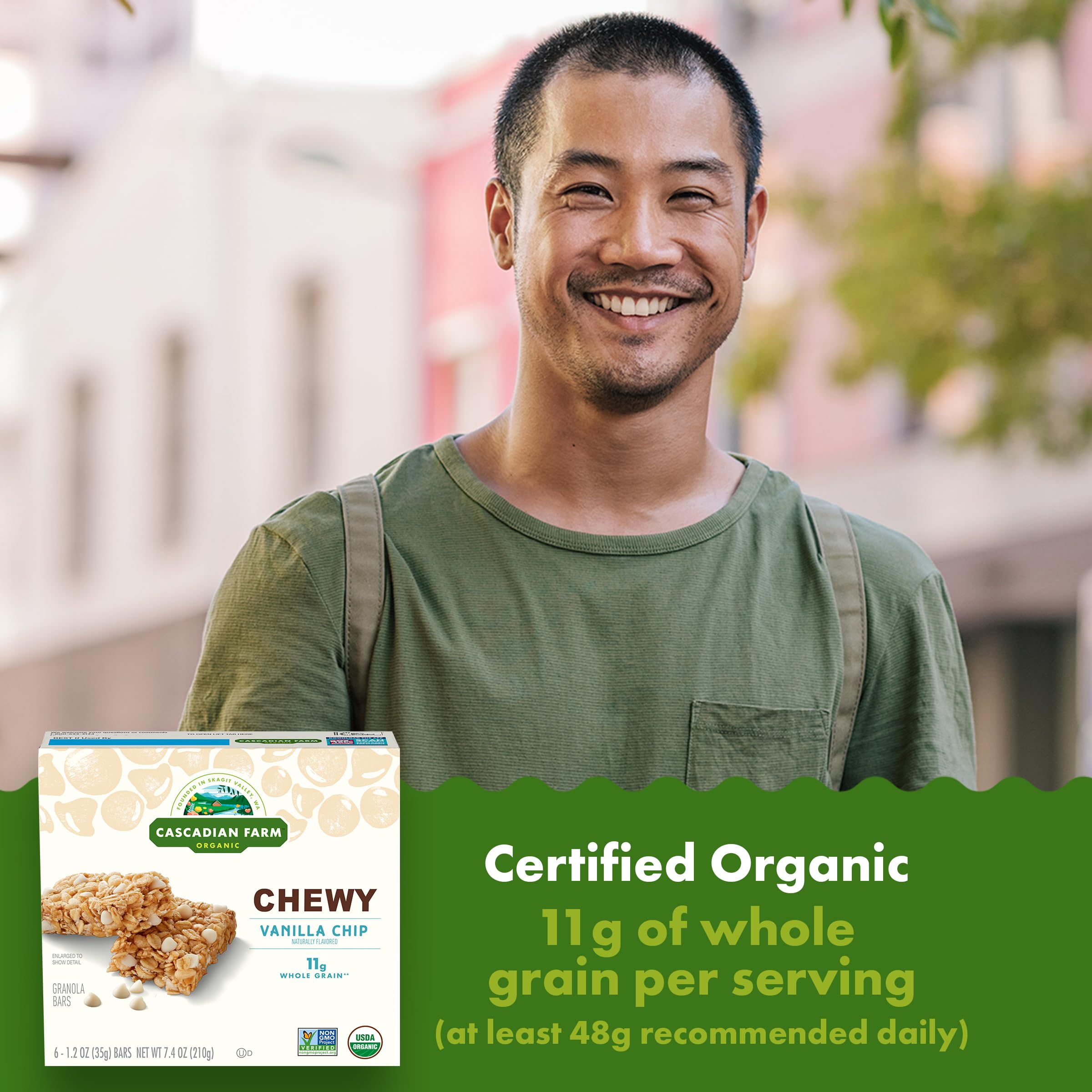 Cascadian Farm vanilla chip bar ingredients featuring organic oats