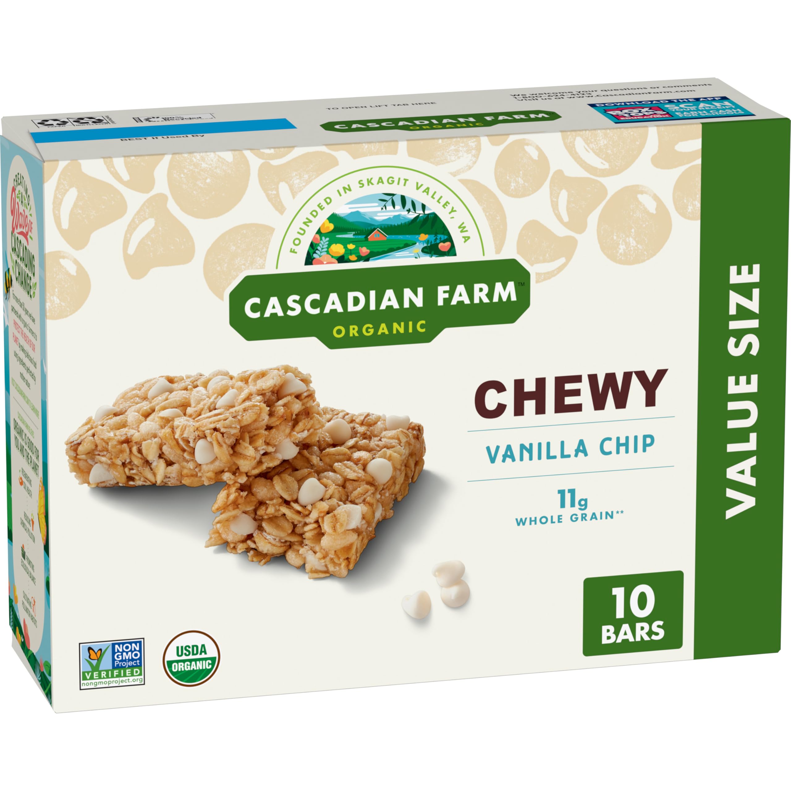 Cascadian Farm Vanilla Chip Granola Bar pack highlights 11g whole grains per serving
