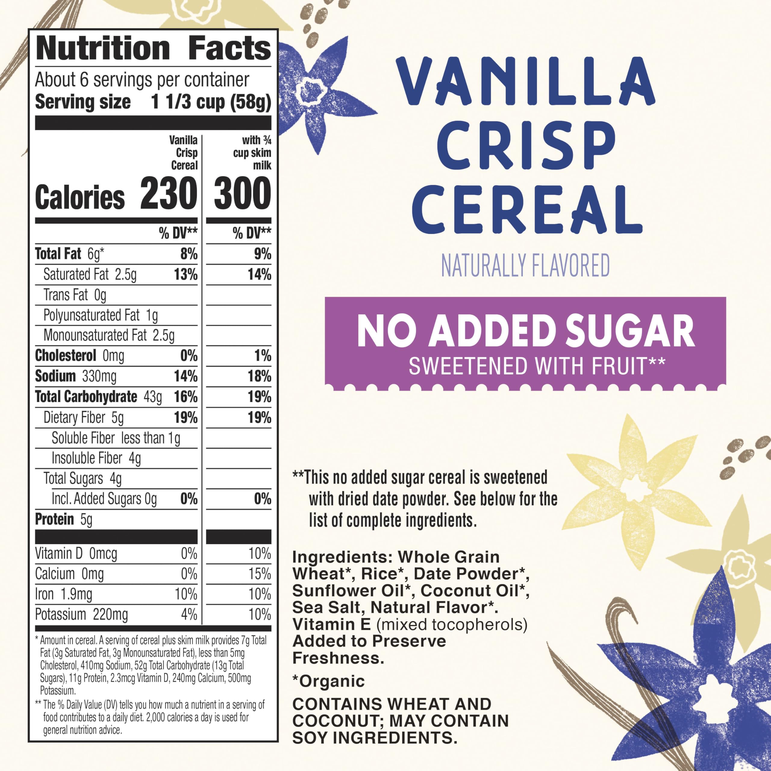 Cascadian Farm Vanilla Crisp Cereal pack on pantry shelf highlighting organic, no added sugar promise.