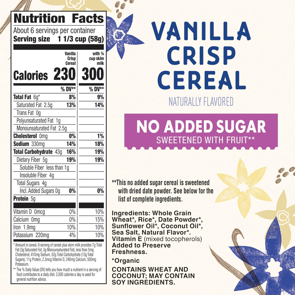 Cascadian Farm Vanilla Crisp Cereal pack on pantry shelf highlighting organic, no added sugar promise.