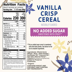 Cascadian Farm Vanilla Crisp Cereal pack on pantry shelf highlighting organic, no added sugar promise.