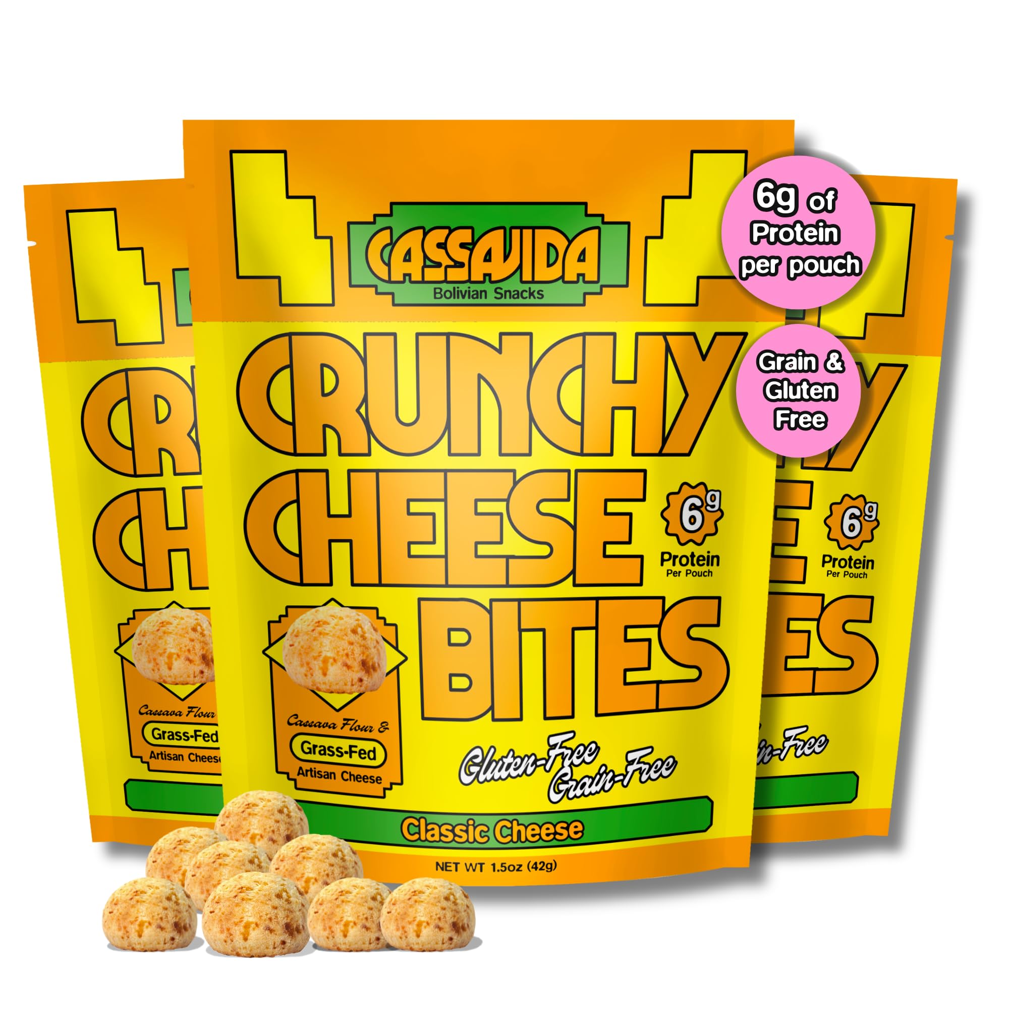 Cassavida Crunchy Cheese Bites pack front, gluten-free snack for busy days.