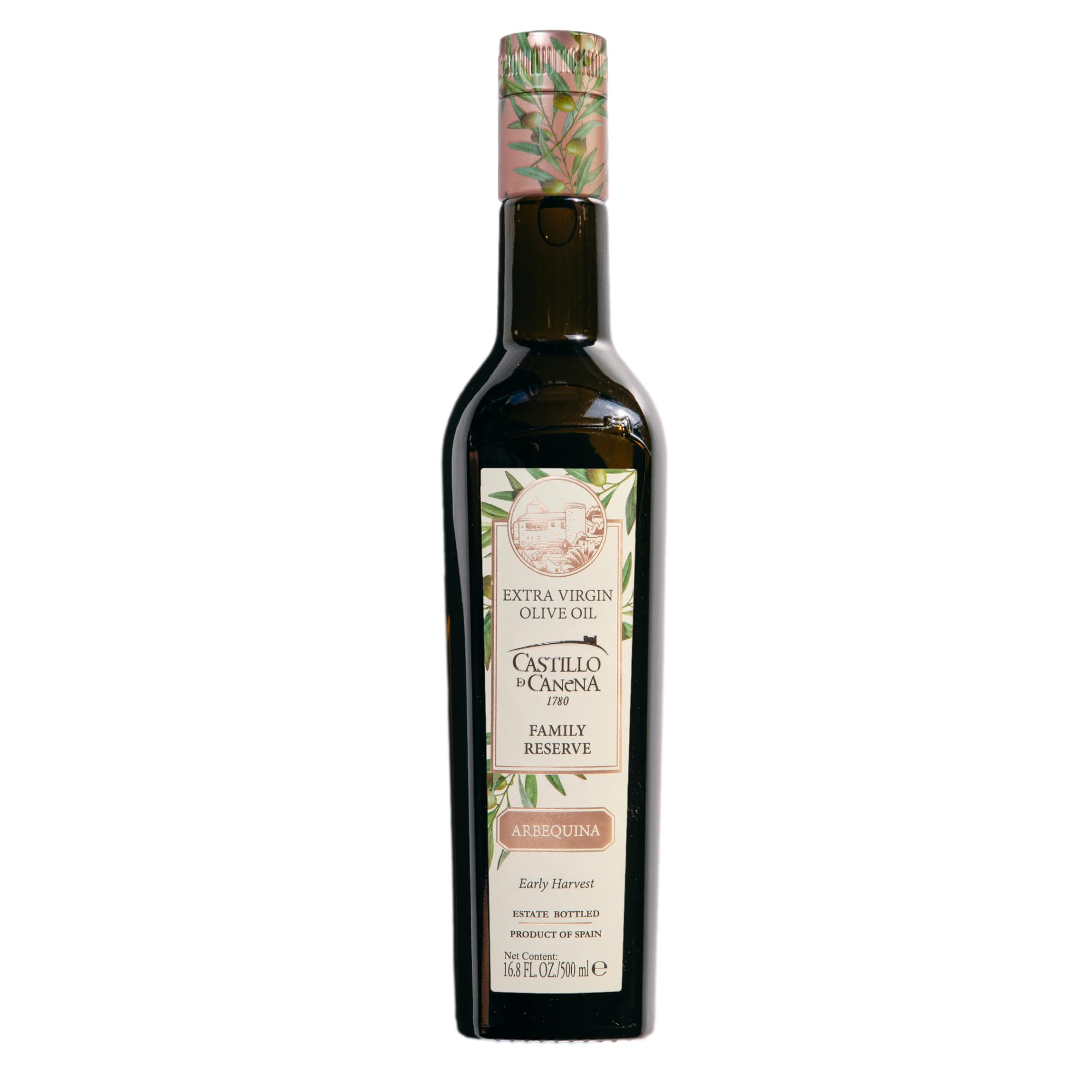 Castillo de Canena Arbequina EVOO bottle on counter for everyday drizzling