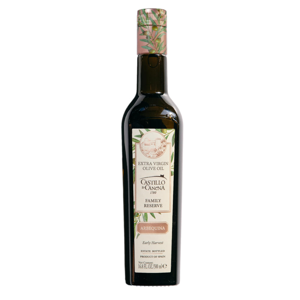 Castillo de Canena Arbequina EVOO bottle on counter for everyday drizzling