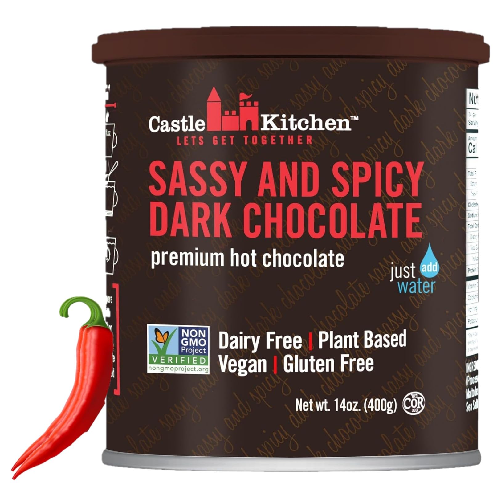 Castle Kitchen spicy hot chocolate bag highlighting bold chili flavor for cozy nights