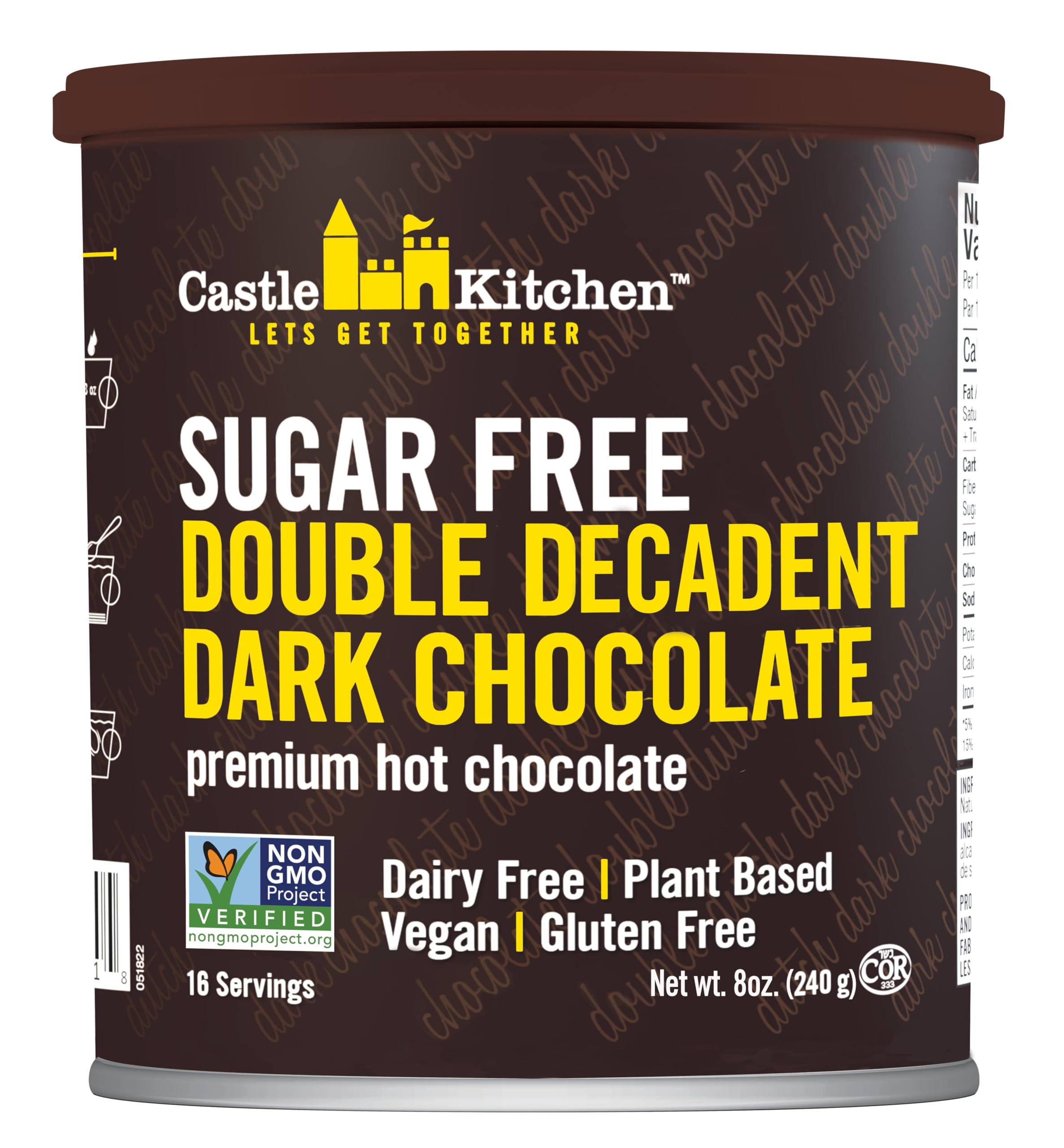 Castle Kitchen sugar-free double decadent dark hot chocolate canister closeup for keto-friendly indulgence
