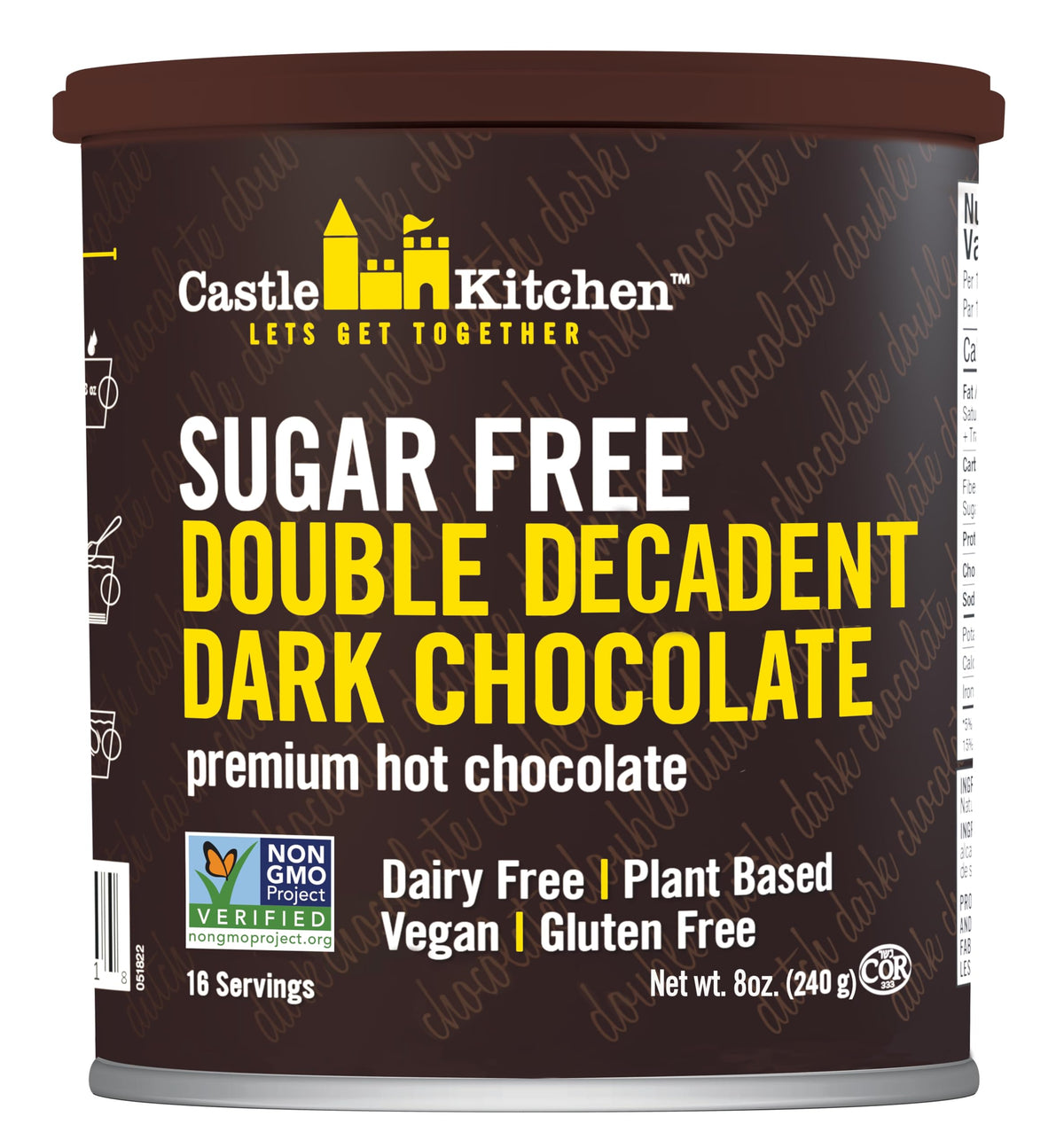 Castle Kitchen sugar-free double decadent dark hot chocolate canister closeup for keto-friendly indulgence