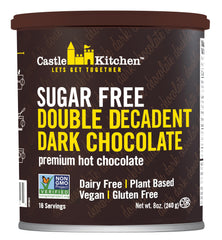 Castle Kitchen sugar-free double decadent dark hot chocolate canister closeup for keto-friendly indulgence