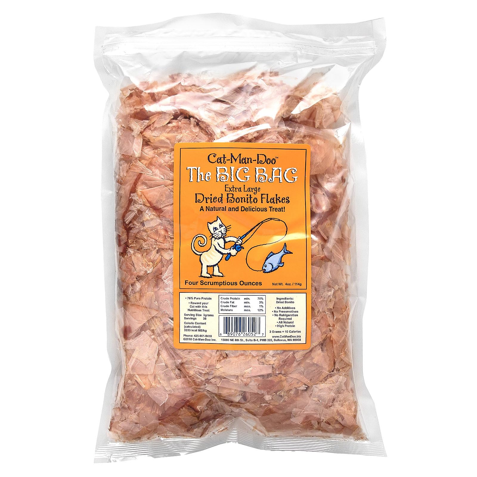 Cat-Man-Doo extra-large bonito flakes bag showing larger, moister texture for treats and toppers.