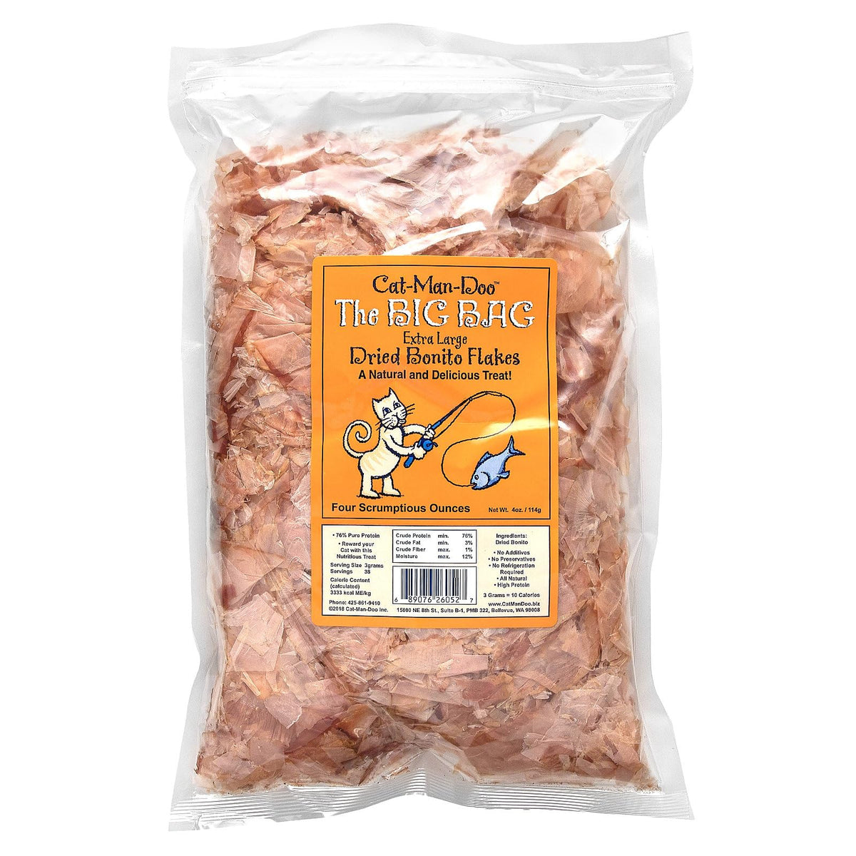 Cat-Man-Doo extra-large bonito flakes bag showing larger, moister texture for treats and toppers.