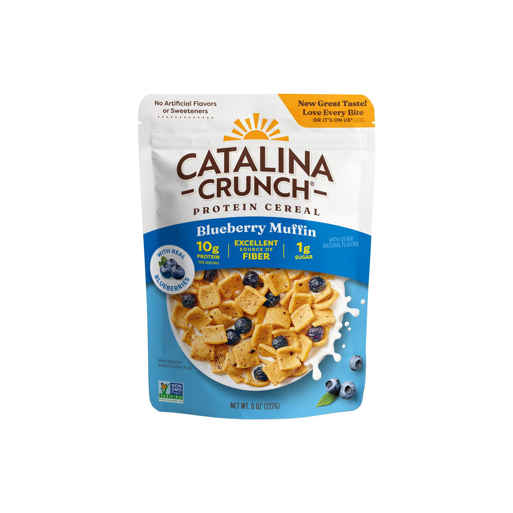 Catalina Crunch Blueberry Muffin cereal bowl with real blueberries for a crunchy breakfast.