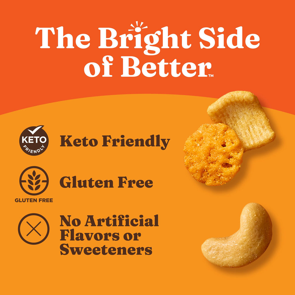 Catalina Crunch cheddar cheese crisps close-up emphasizes bold flavor and crunch