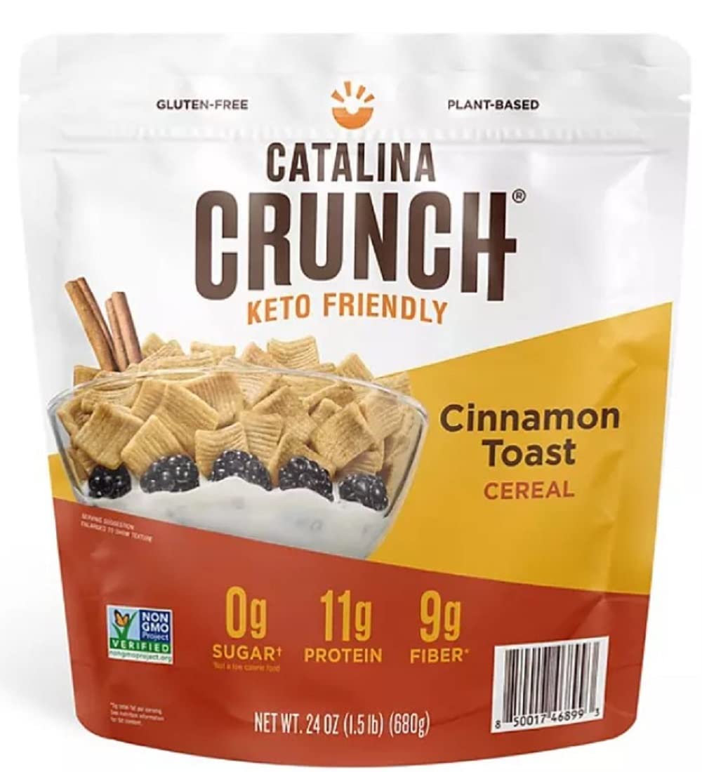 Catalina Crunch Cinnamon Toast cereal packaging, keto-friendly breakfast option.