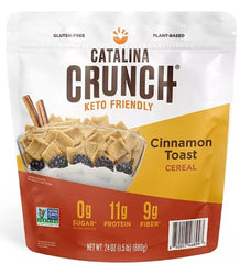 Catalina Crunch Cinnamon Toast cereal packaging, keto-friendly breakfast option.