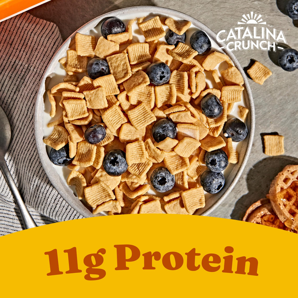 Catalina Crunch cinnamon toast bowl emphasizing protein-rich crunch.