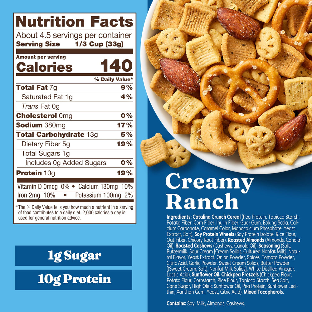 Catalina Crunch creamy ranch seasoning close-up, rich flavor for savory snacking.