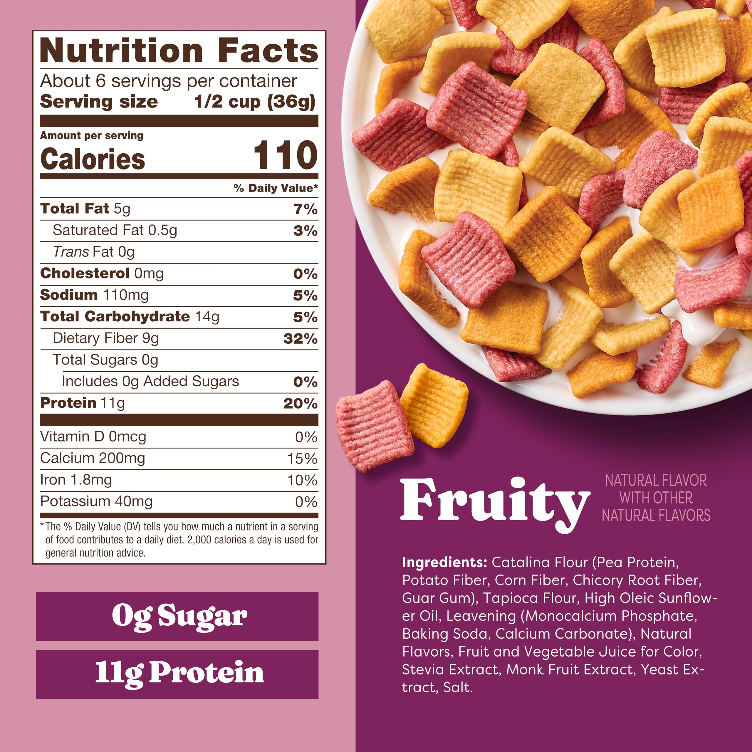 The Catalina Crunch fruity cereal bowl showcases a high-protein breakfast option.