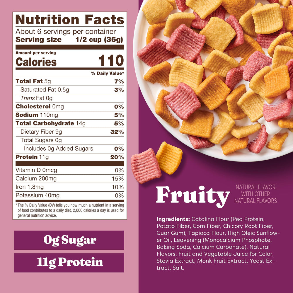The Catalina Crunch fruity cereal bowl showcases a high-protein breakfast option.