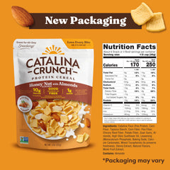 Catalina Crunch honey nut cereal bowl shows almonds and protein.