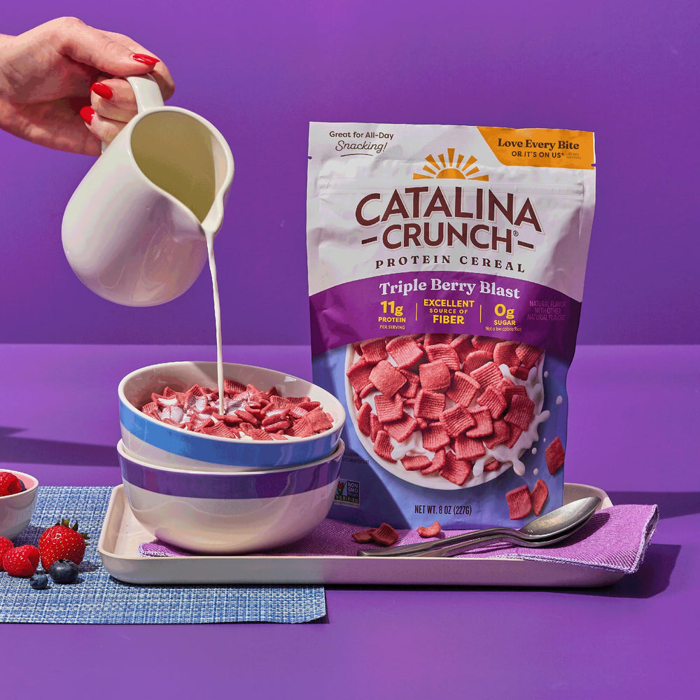 Catalina Crunch non-GMO Kosher cereal packaging emphasizes quality ingredients