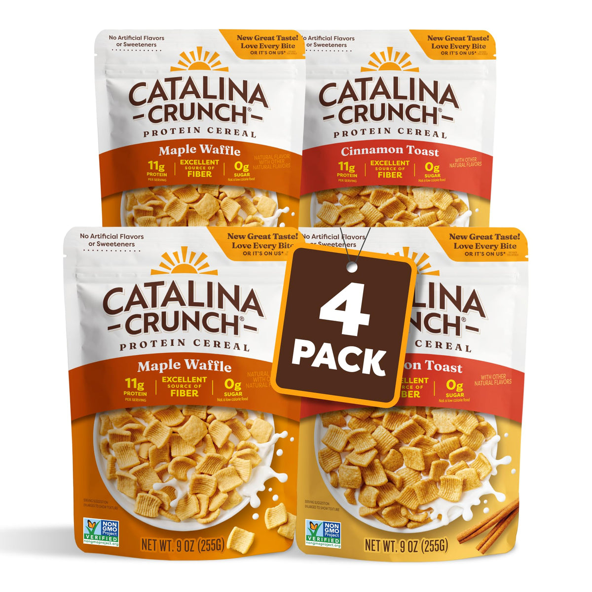 Catalina Crunch packaging highlighting gluten-free, sugar-free protein cereal.
