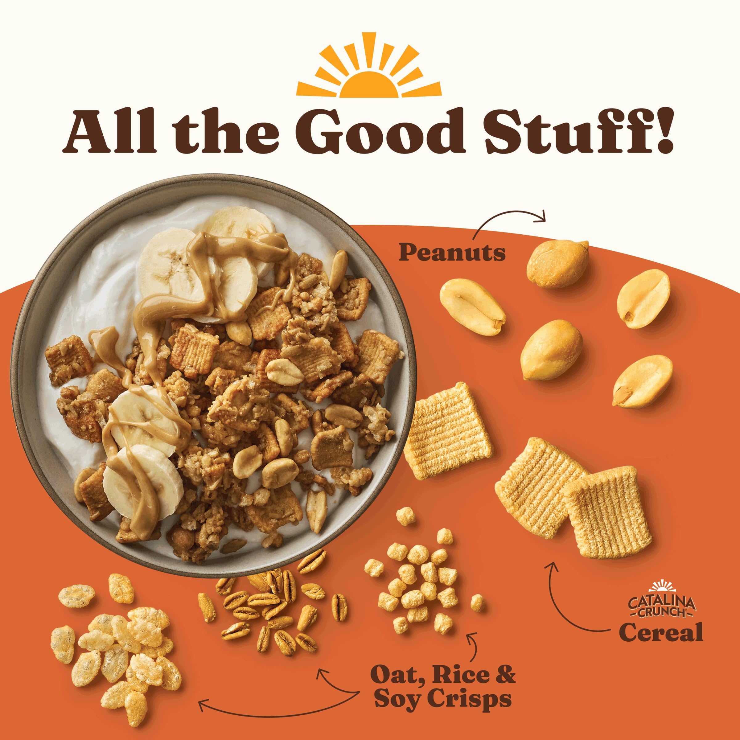 Close-up of Catalina Crunch Peanut Butter Granola with nuts and honey notes.