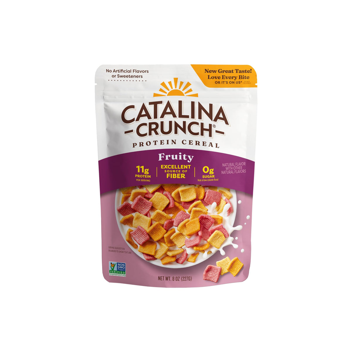 The Catalina Crunch protein cereal bag highlighting gluten-free packaging.