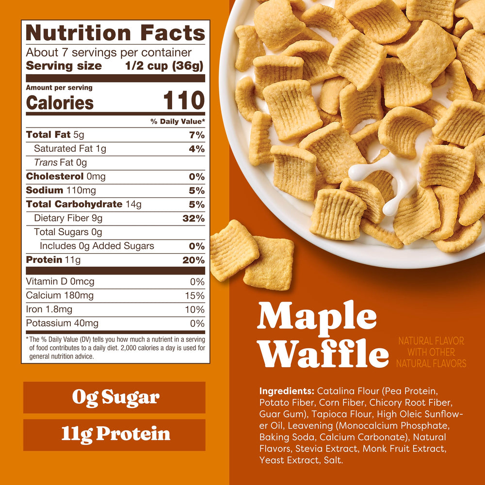 Catalina Crunch protein cereal bowl with maple waffle flavor and crisp texture