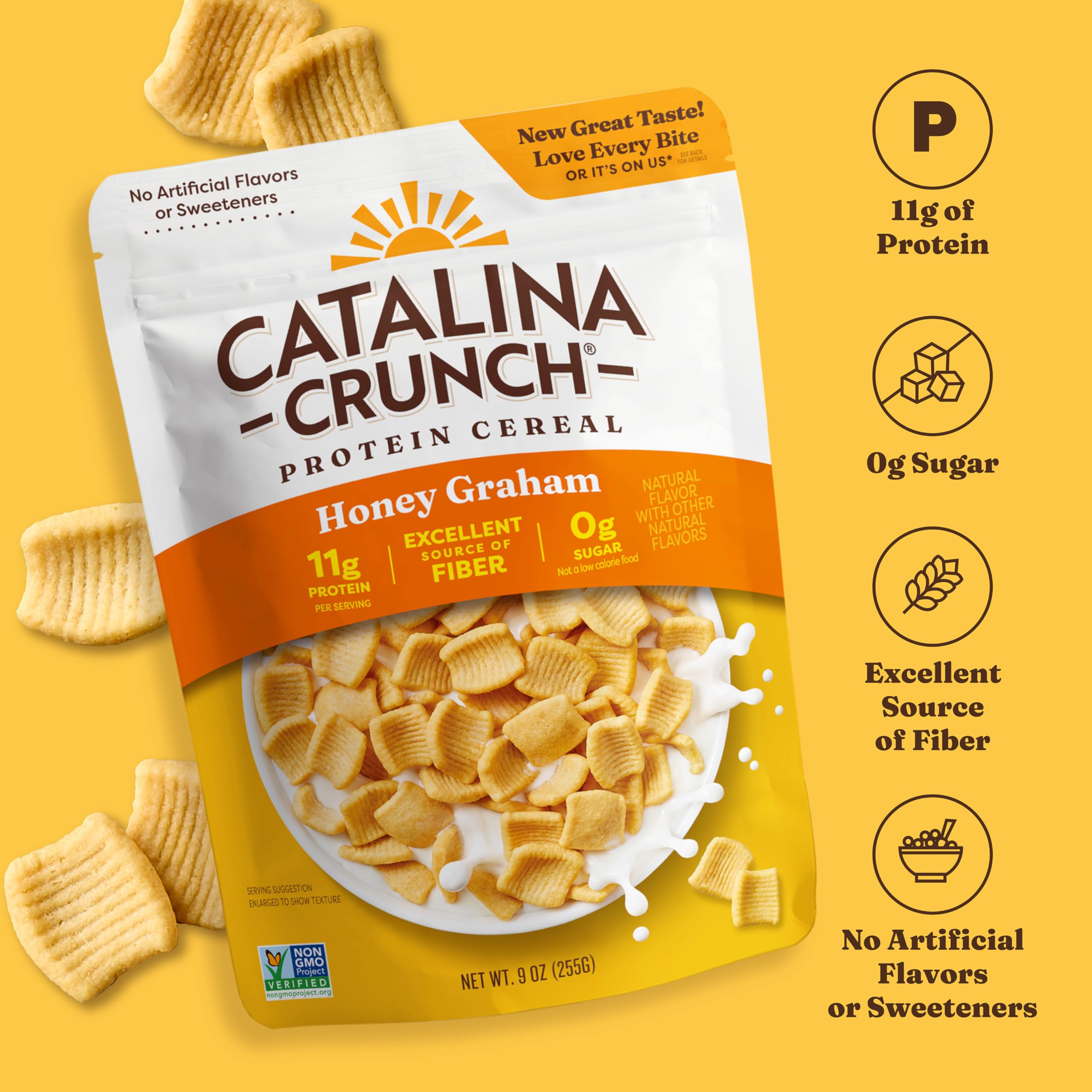 Bowl with Catalina Crunch cereal poured with milk for a complete morning meal