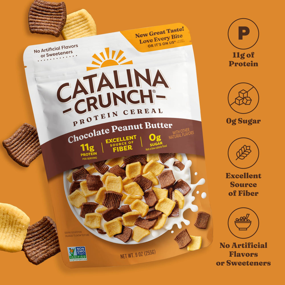 Close-up of Catalina Crunch cereal texture, crisp bites and fiber-rich crunch