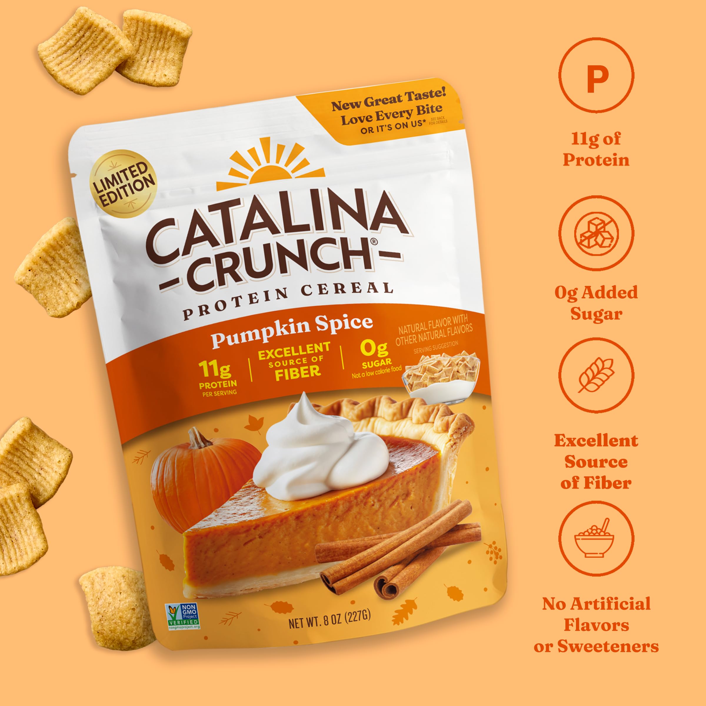 Catalina Crunch protein cereal crunch close-up emphasizes crisp texture for mornings