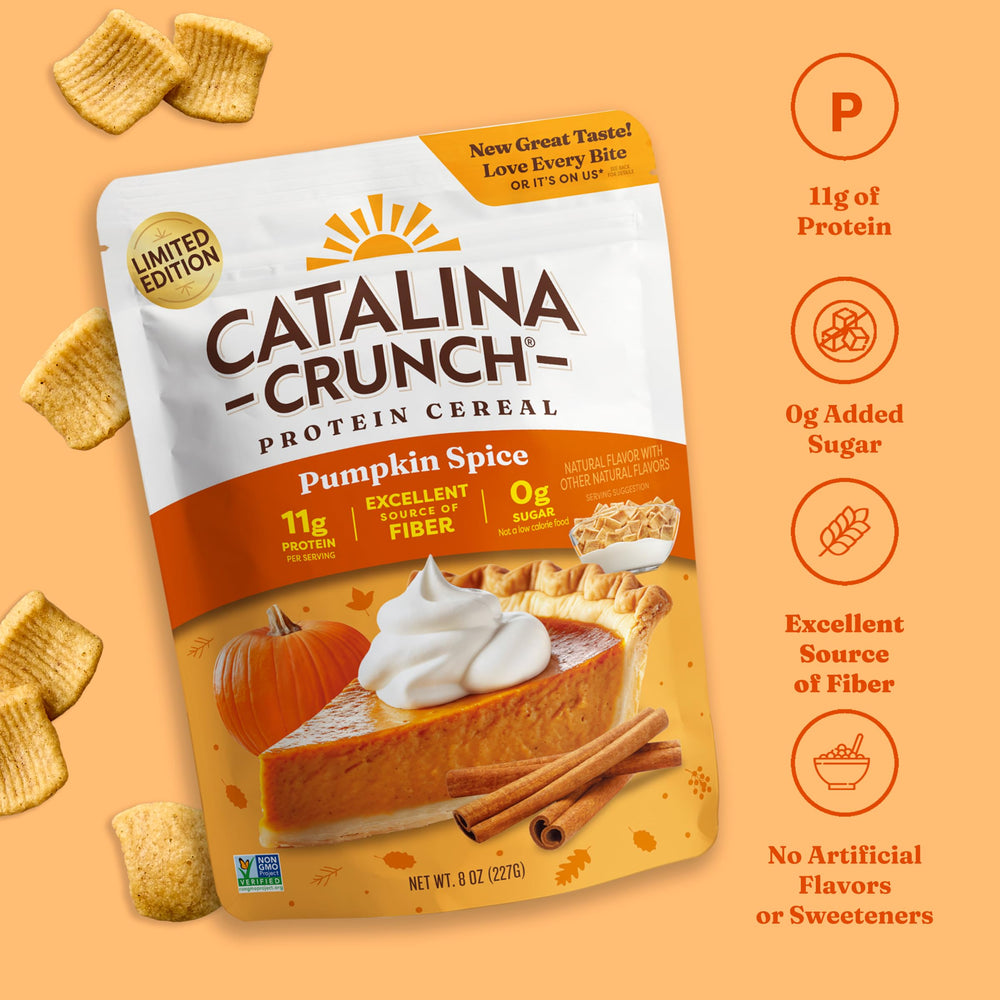 Catalina Crunch protein cereal crunch close-up emphasizes crisp texture for mornings