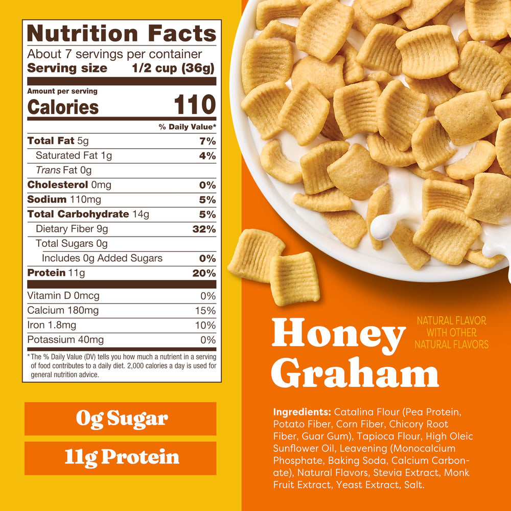 Close-up of Catalina Crunch protein cereal crunchy bites and fiber-rich texture