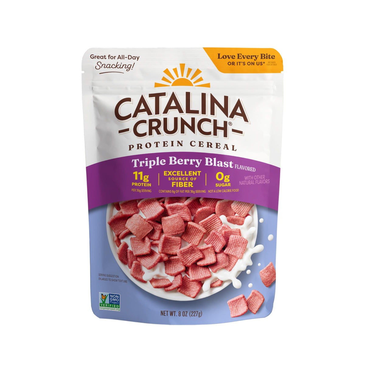 Catalina Crunch Triple Berry Blast bag front, gluten-free sugar-free breakfast option