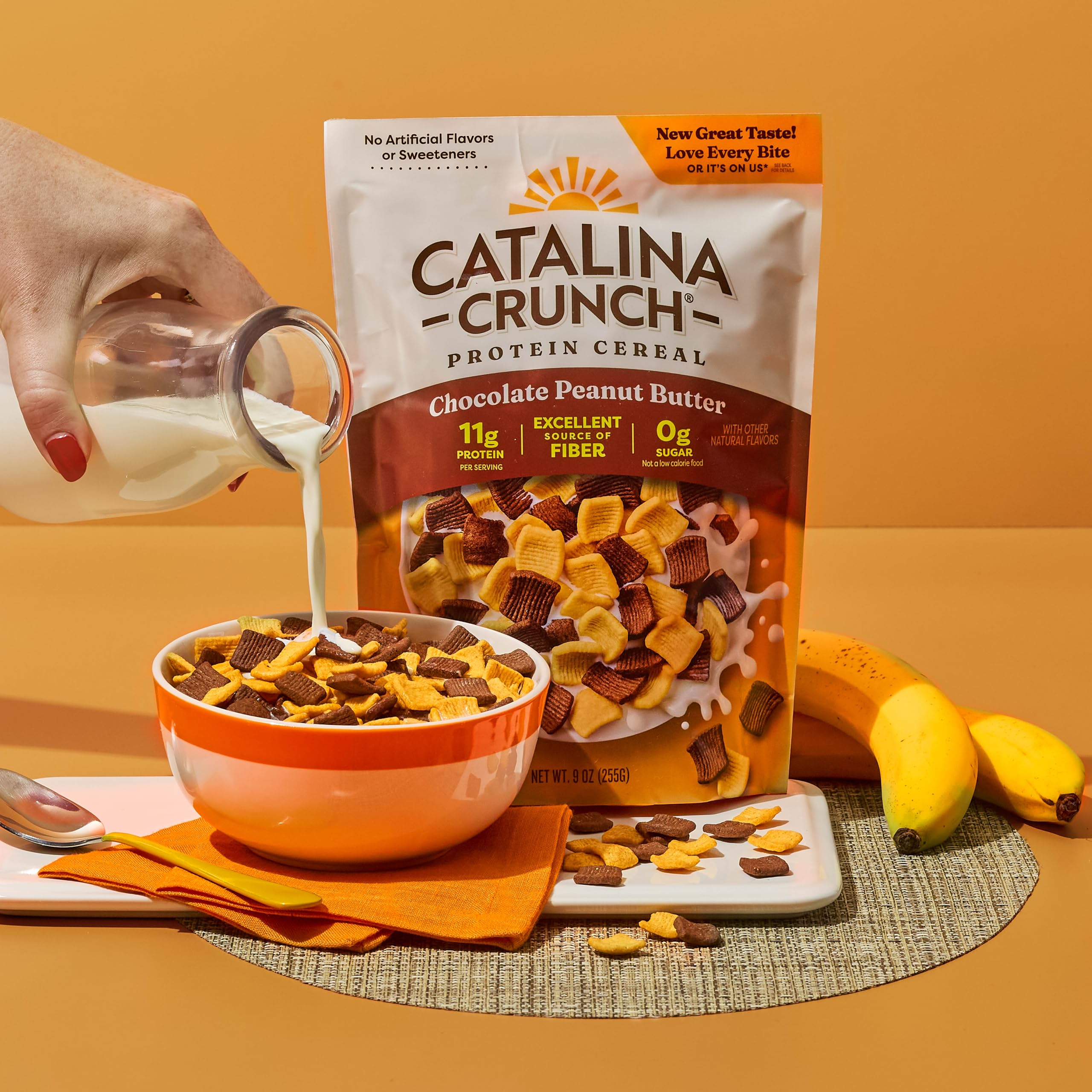 Catalina Crunch chocolate peanut butter bag, convenient 9 oz pouch