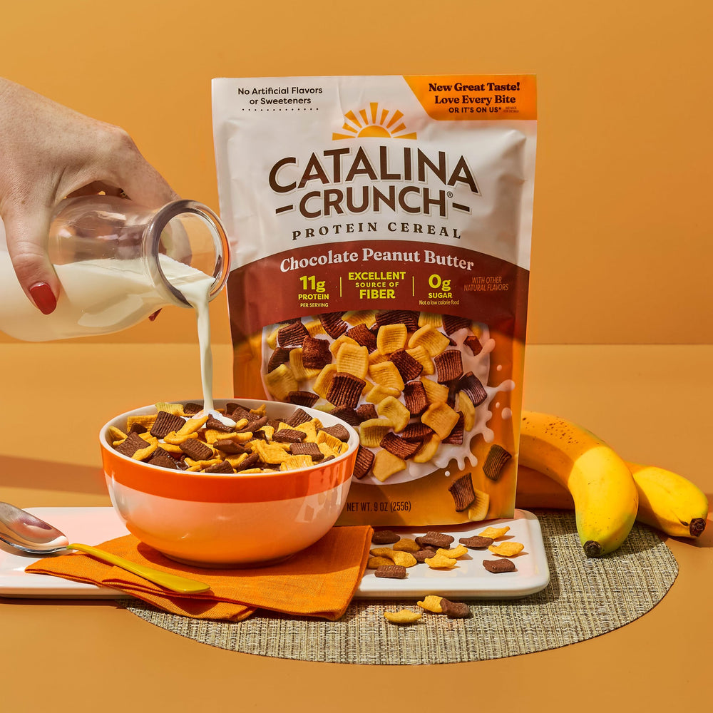 Catalina Crunch chocolate peanut butter bag, convenient 9 oz pouch