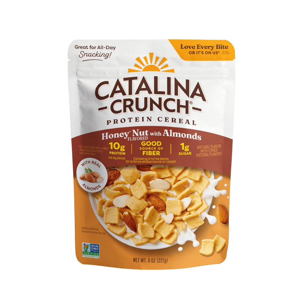 Catalina Crunch protein cereal packaging highlights gluten-free, sugar-free nutrition.