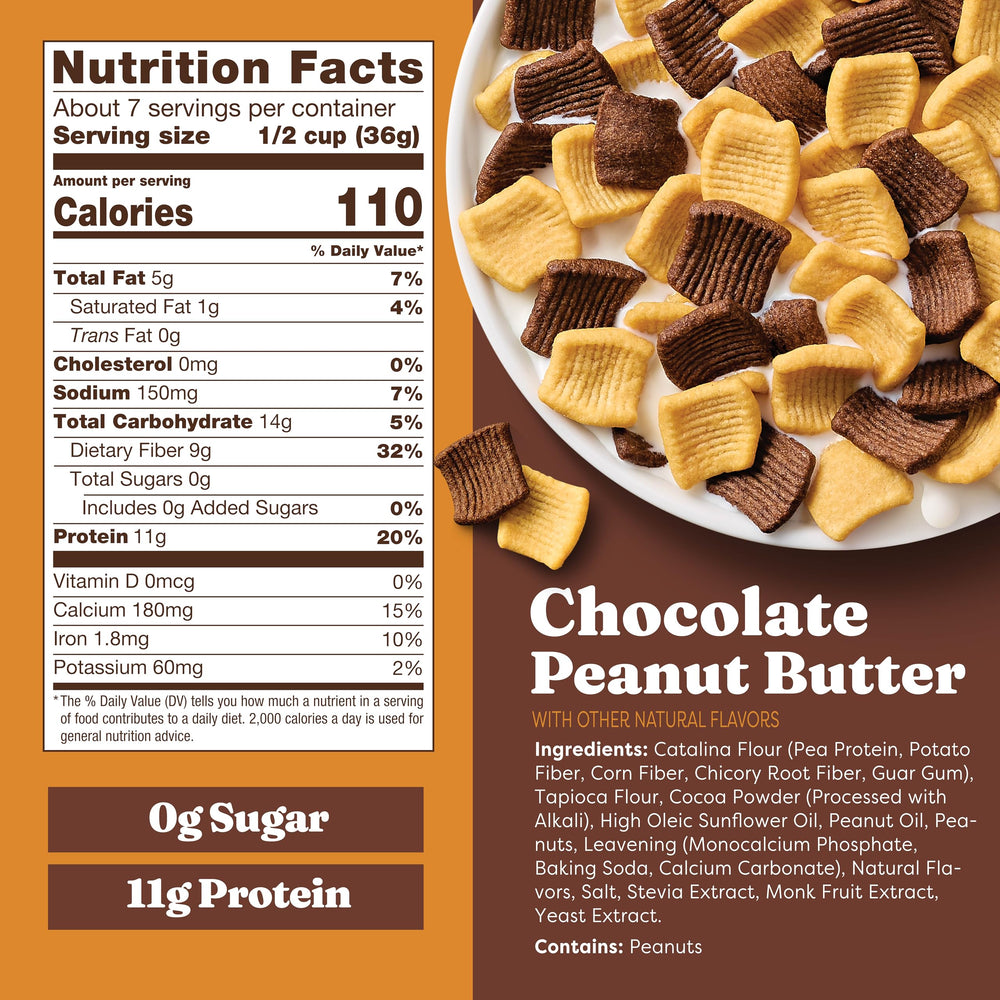 Catalina Crunch protein cereal packshot shows gluten-free and sugar-free attributes