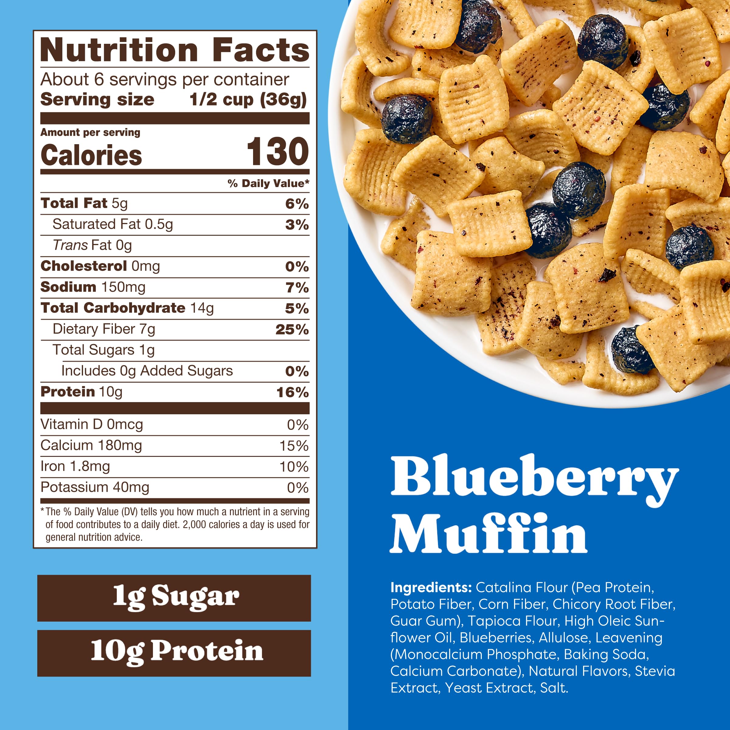 Catalina Crunch protein cereal serving showing 10g protein boost.