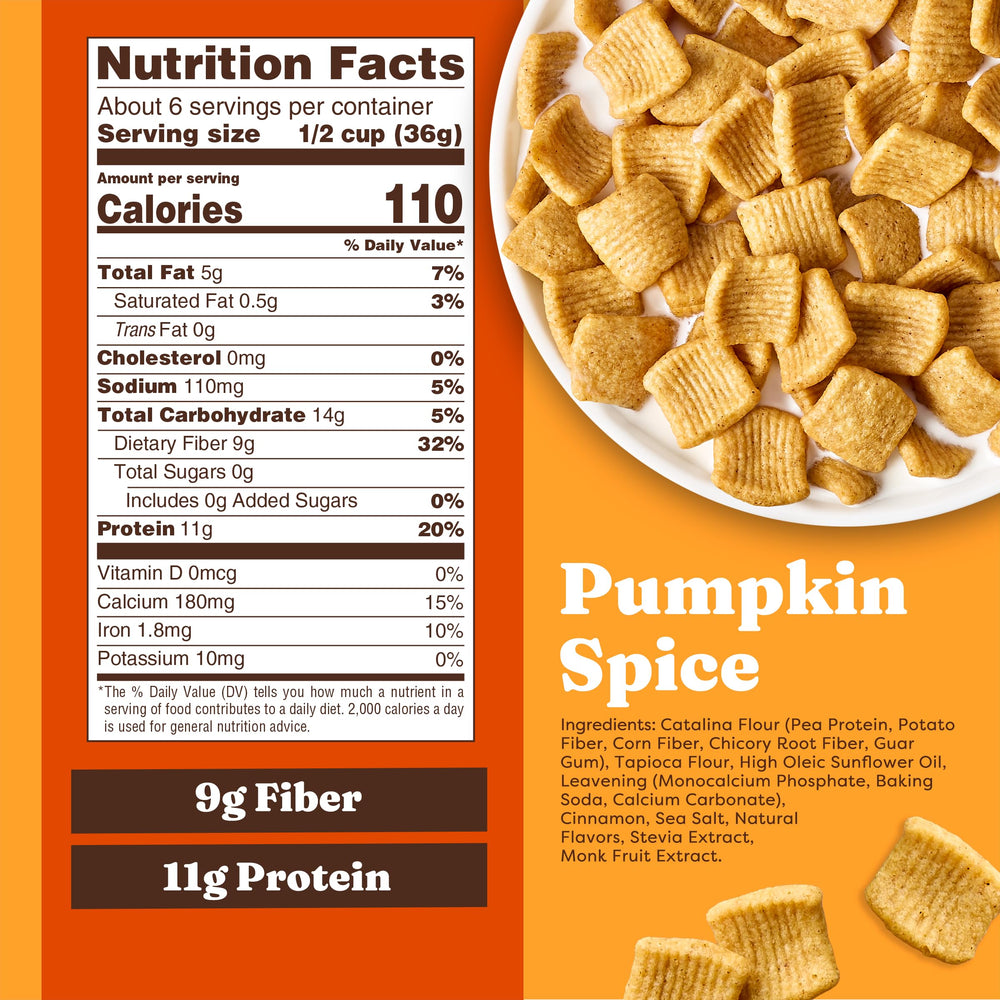 Catalina Crunch protein cereal serving close-up shows ample protein and fiber per portion