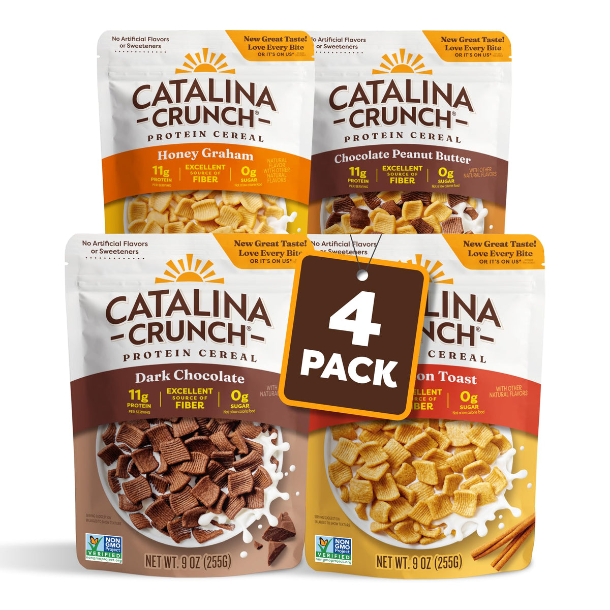 Catalina Crunch protein cereal variety pack box, four flavors for breakfast versatility.