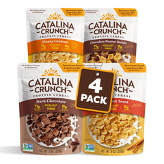 Catalina Crunch protein cereal variety pack box, four flavors for breakfast versatility.
