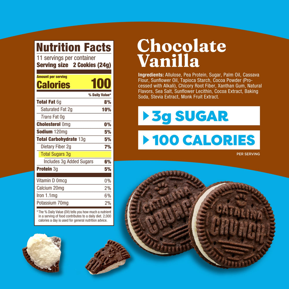 Close-up of Catalina Crunch cookies showing crunchy texture and chocolate vanilla flavor.