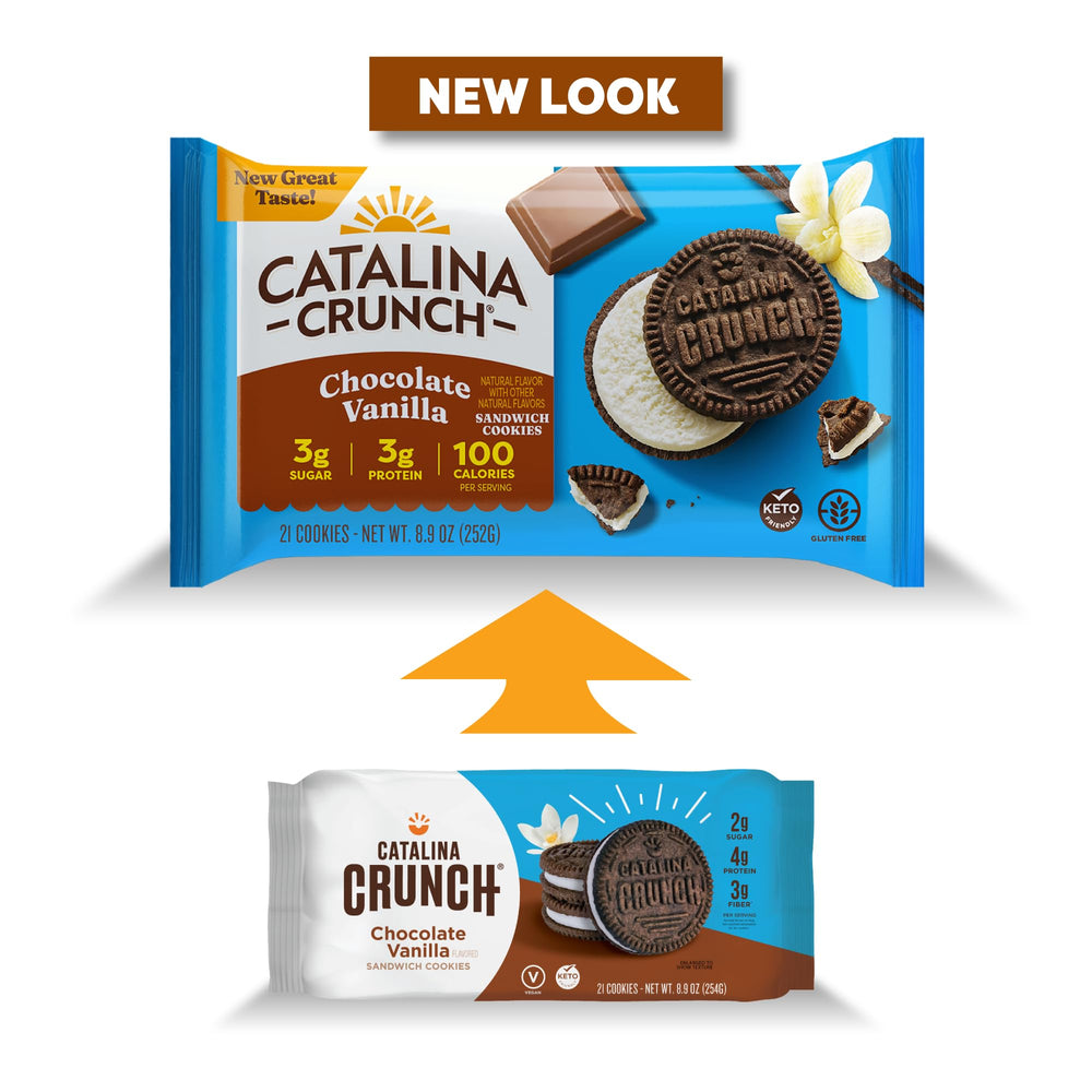 Close-up of sandwich cookies with creamy vanilla filling from Catalina Crunch.