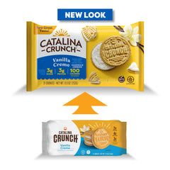 Close-up of Vanilla Creme filling between crunchy Catalina Crunch cookies