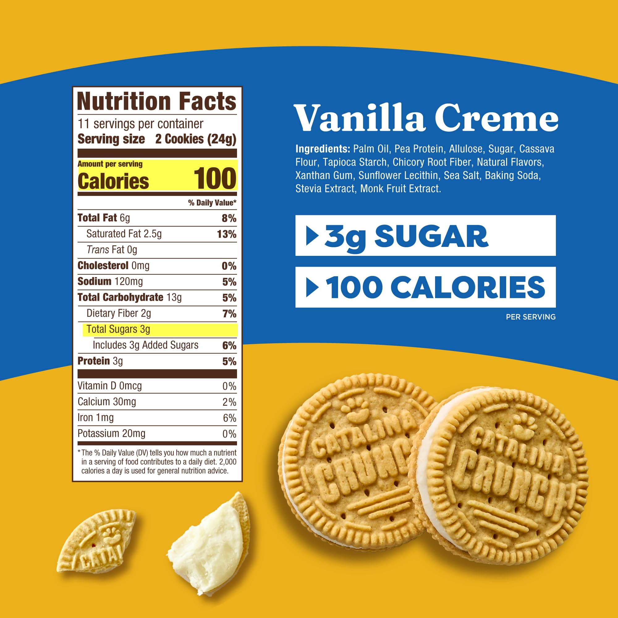 Two Catalina Crunch Vanilla Creme cookies with creamy filling, protein-packed treat
